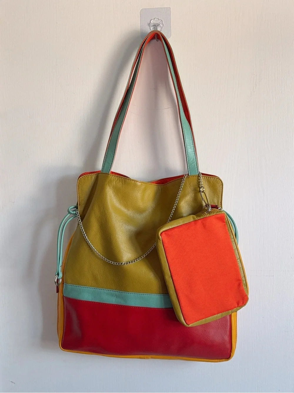 ili New York Multicolor Leather Shoulder Bag Tote + Detachable Pouch